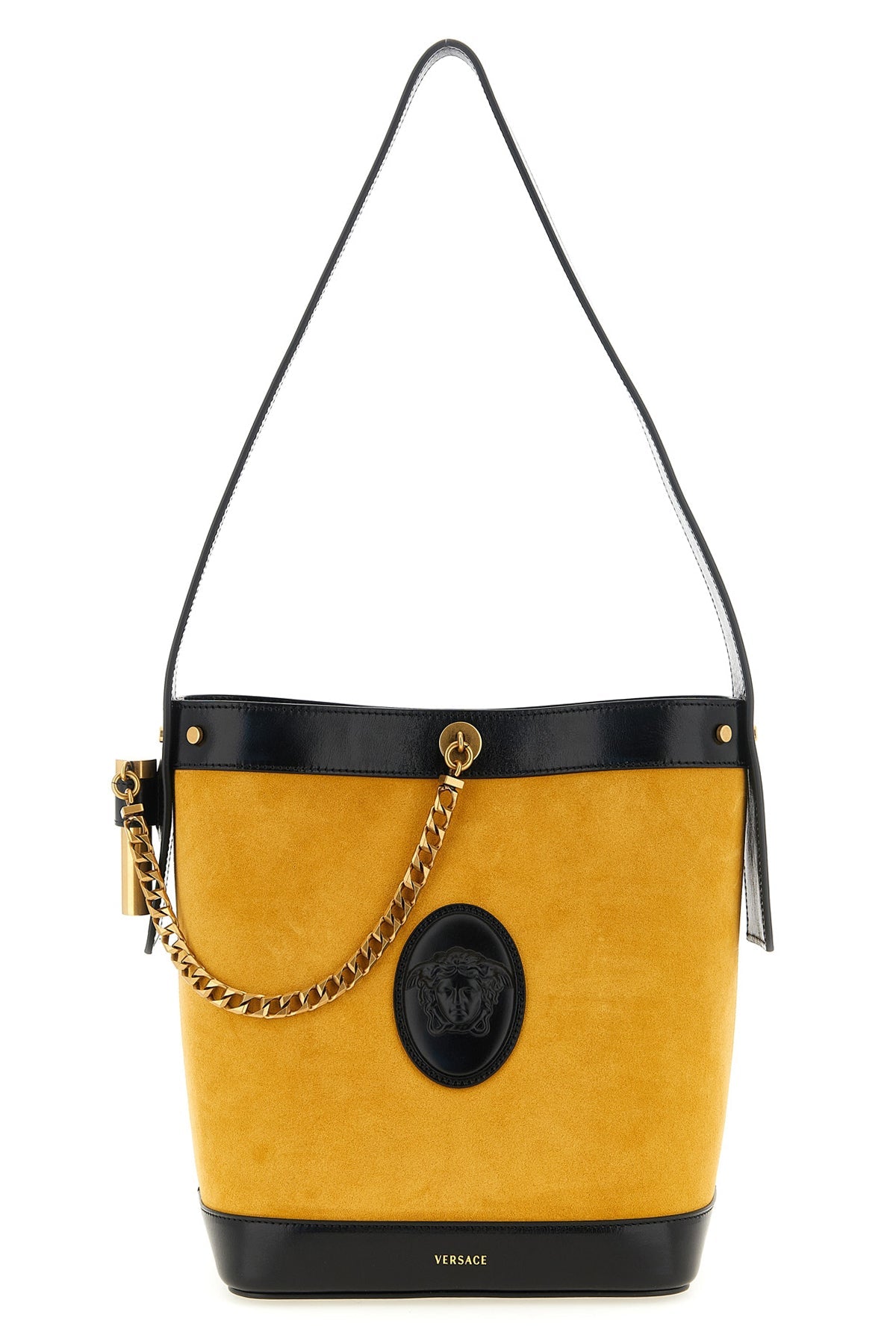 2026 New Arrival small pivot bucket bag in suede and contrasting smooth leather