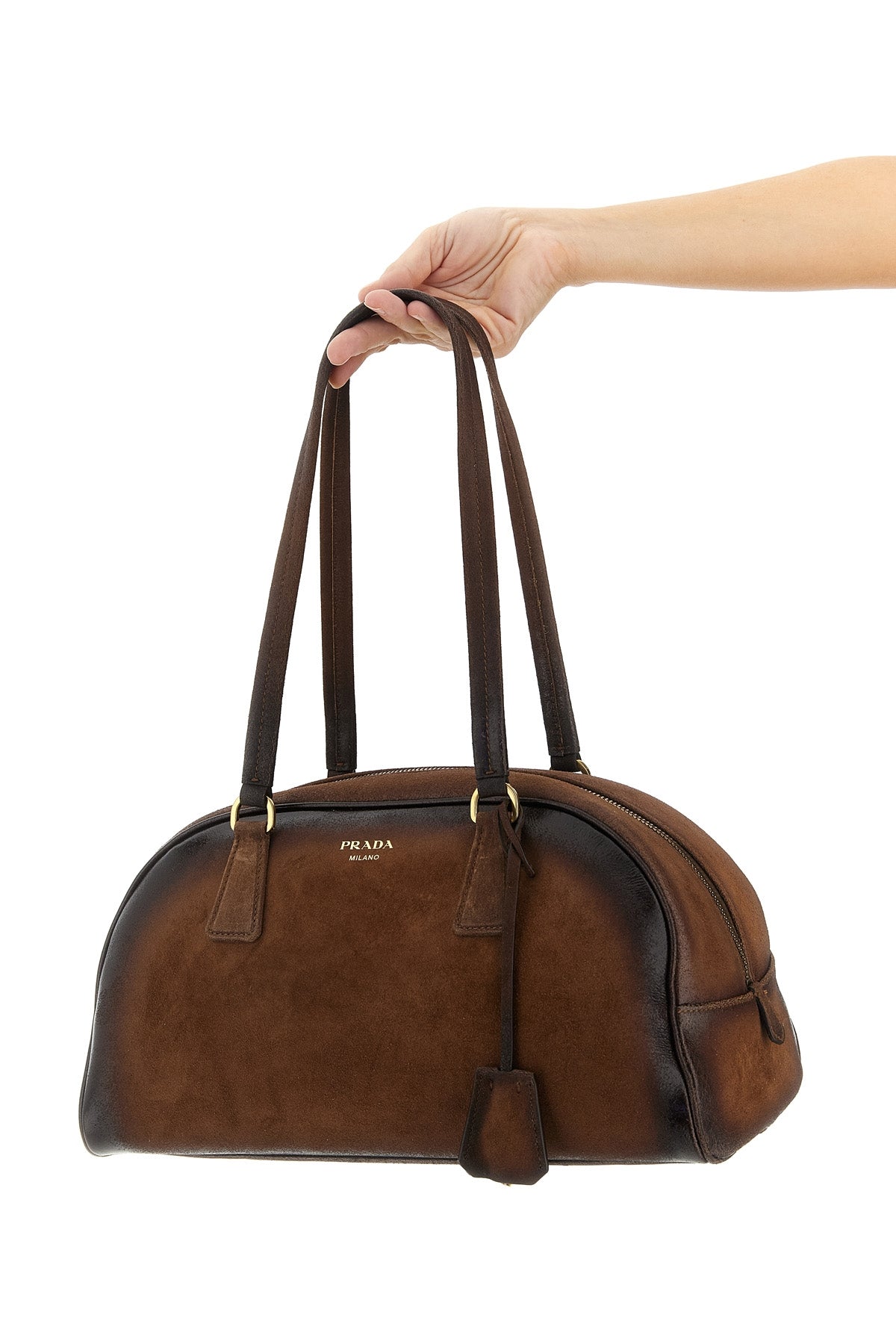 2026 New Arrival medium prada bowling suede top case handcrafted for a lived-in effect