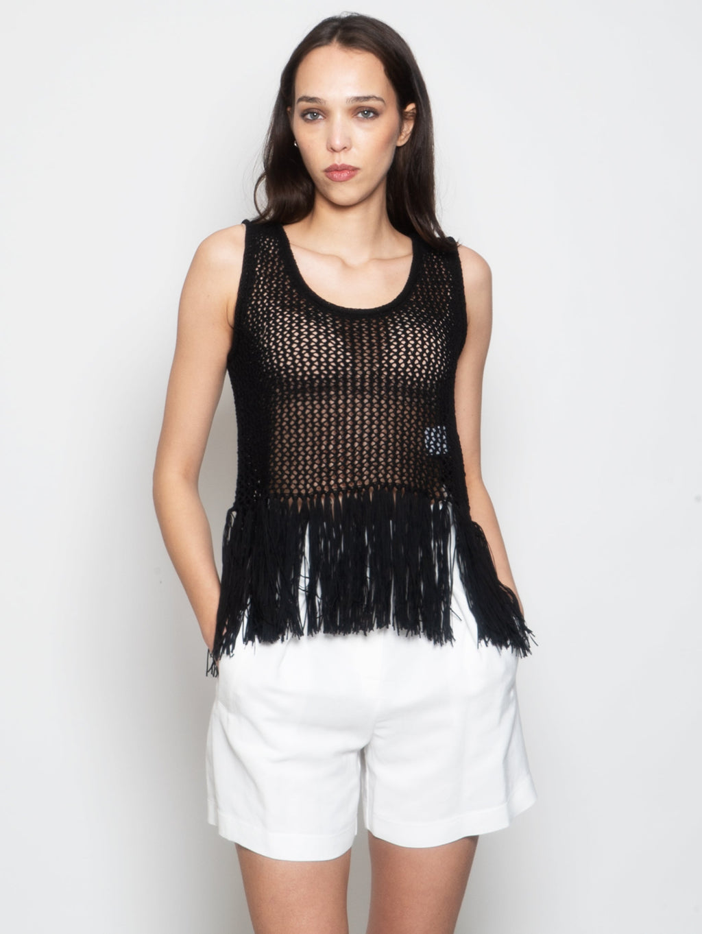 2026 New Arrival Top in Maglia Crochet con Frange Nero