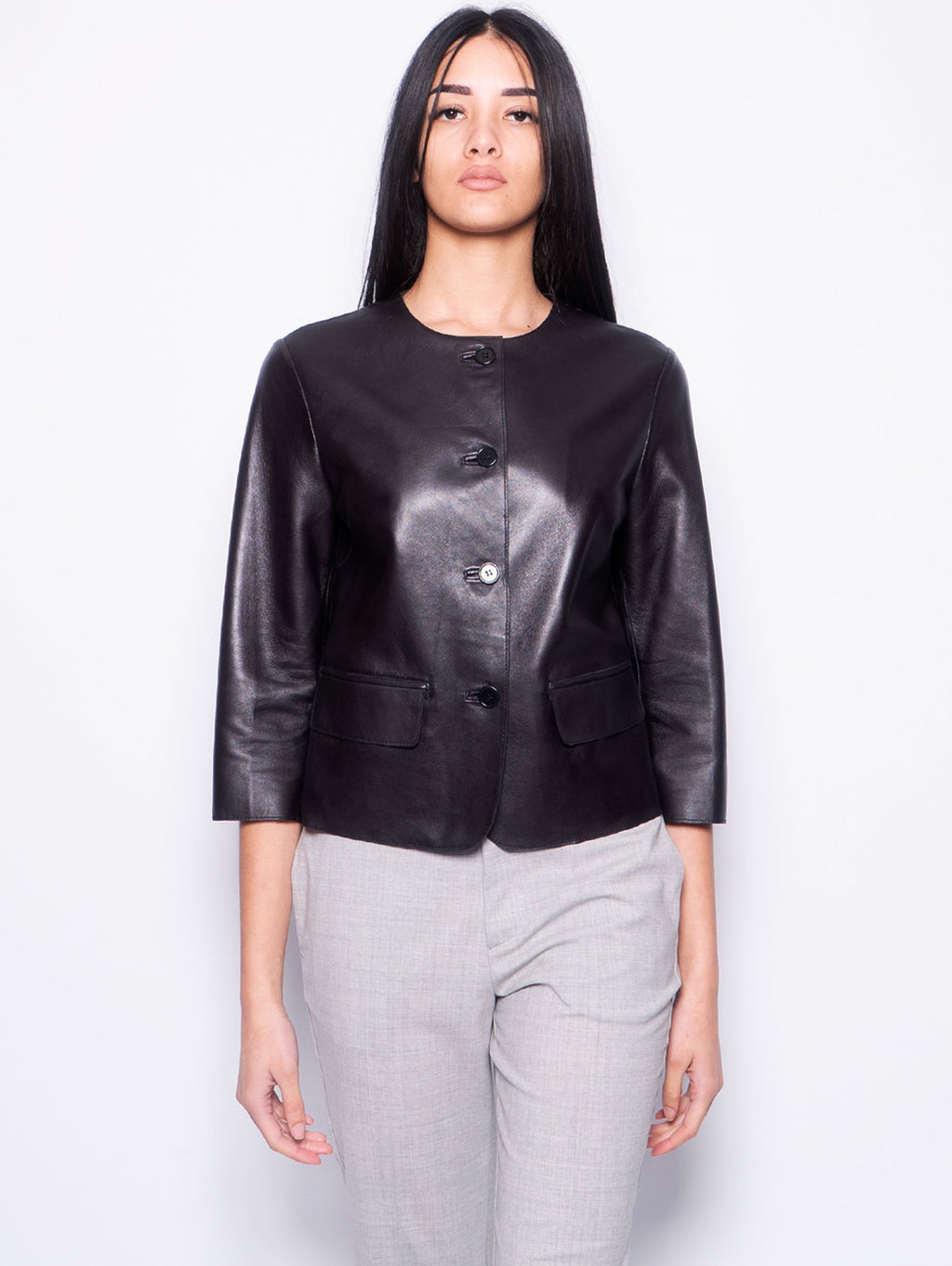 2026 New Arrival Giacca in Pelle con Scollo Tondo Nero