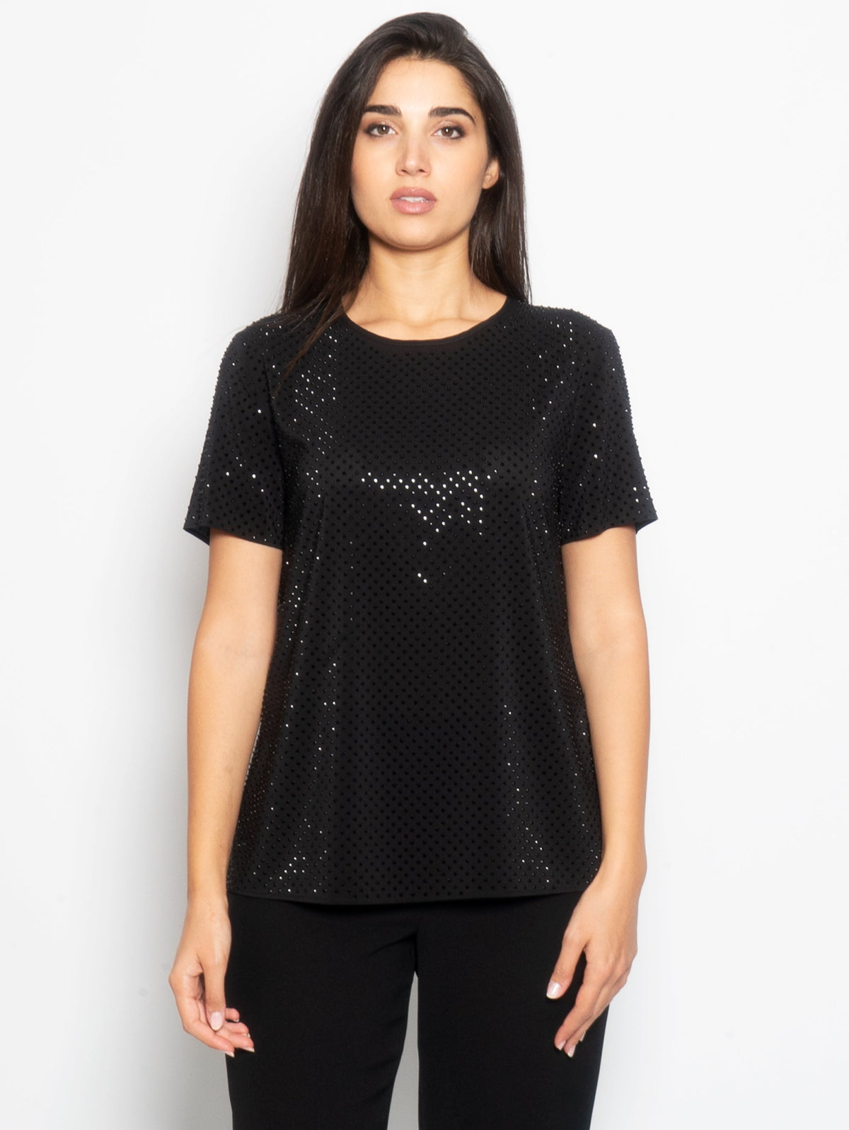 2026 New Arrival T-shirt con Strass Applicati Nero
