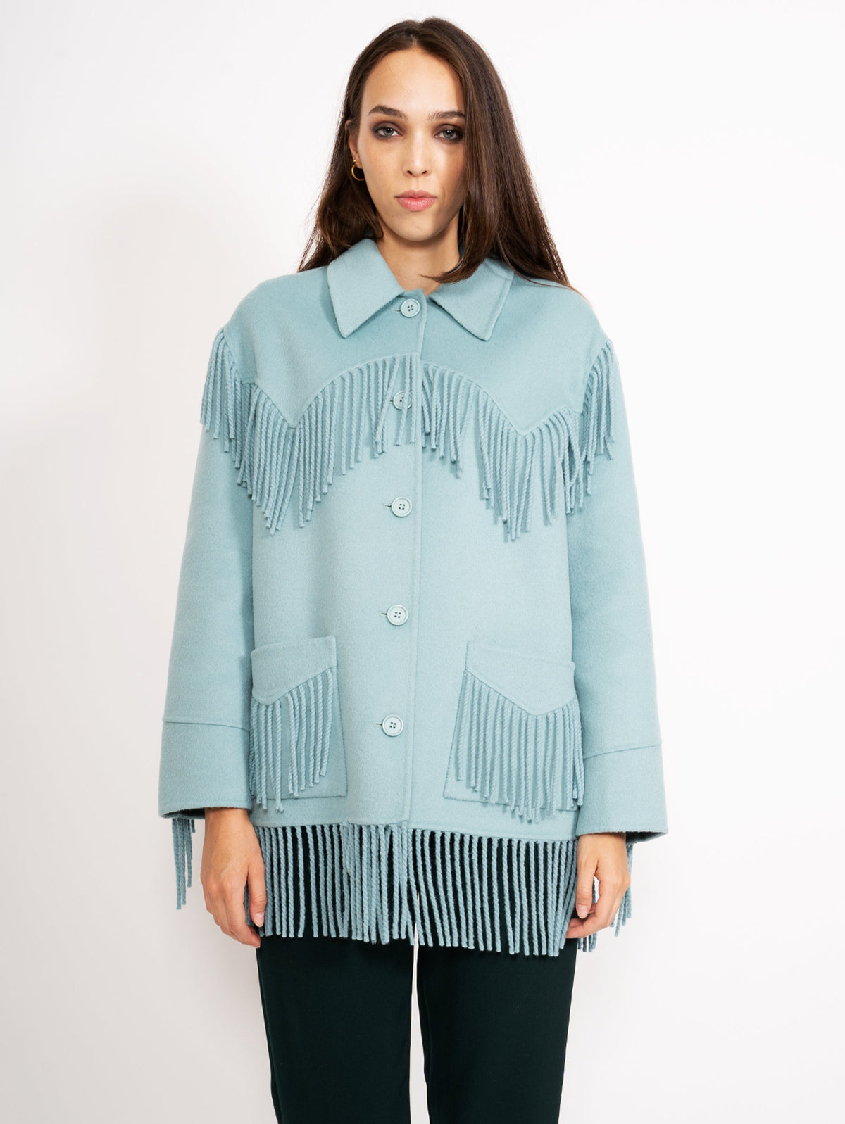 2026 New Arrival Overshirt in Lana con Frange Verde Acqua