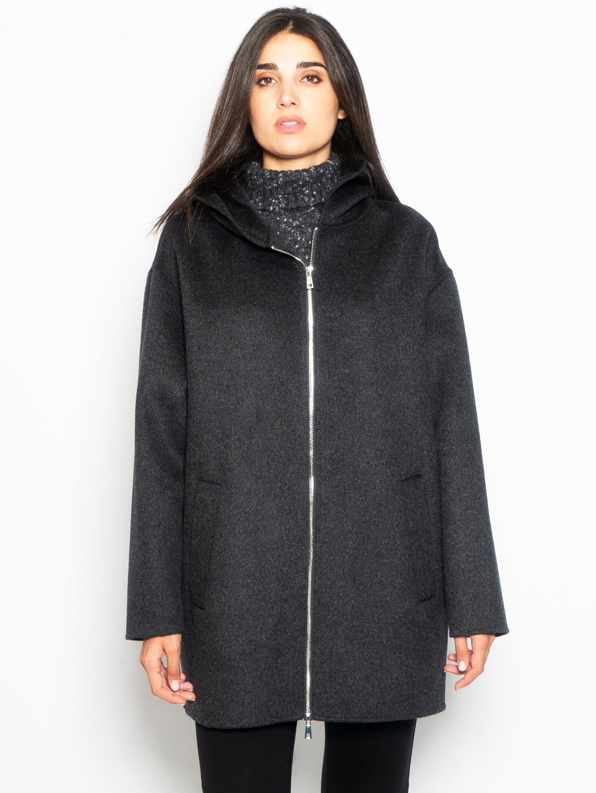 2026 New Arrival Cappotto con Zip in Panno di Lana Antracite