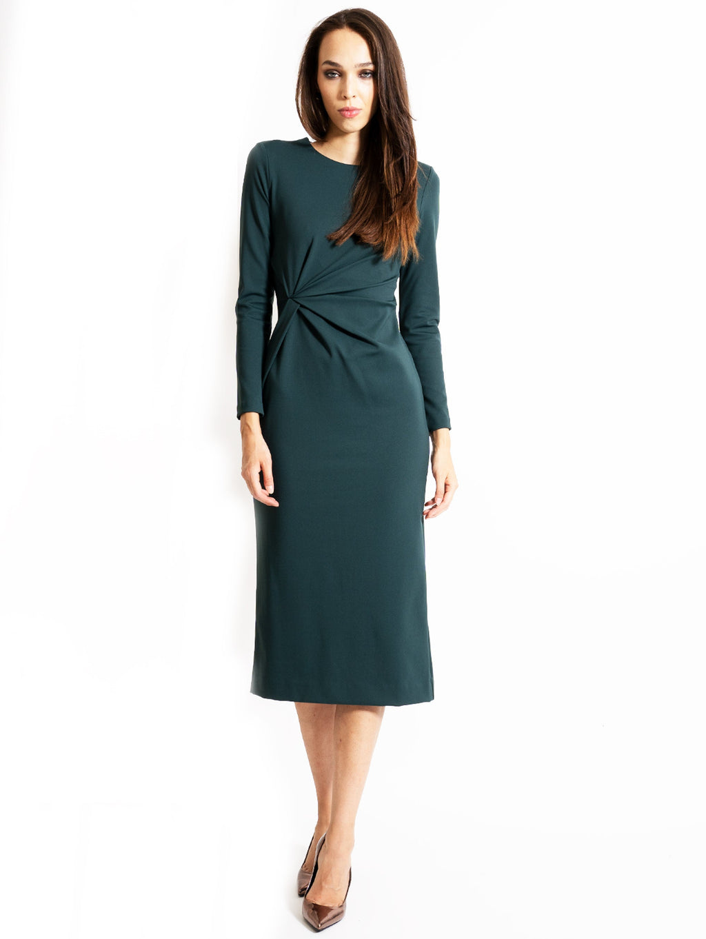 2026 New Arrival Abito Longuette con Drappeggio Verde Bottiglia