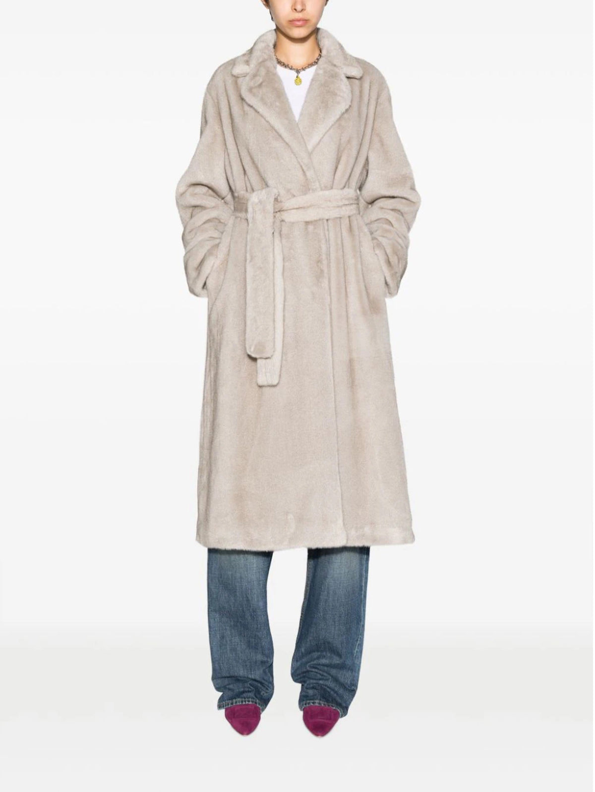 2026 New Arrival Cappotto con Cintura in Eco Pelliccia Grigio