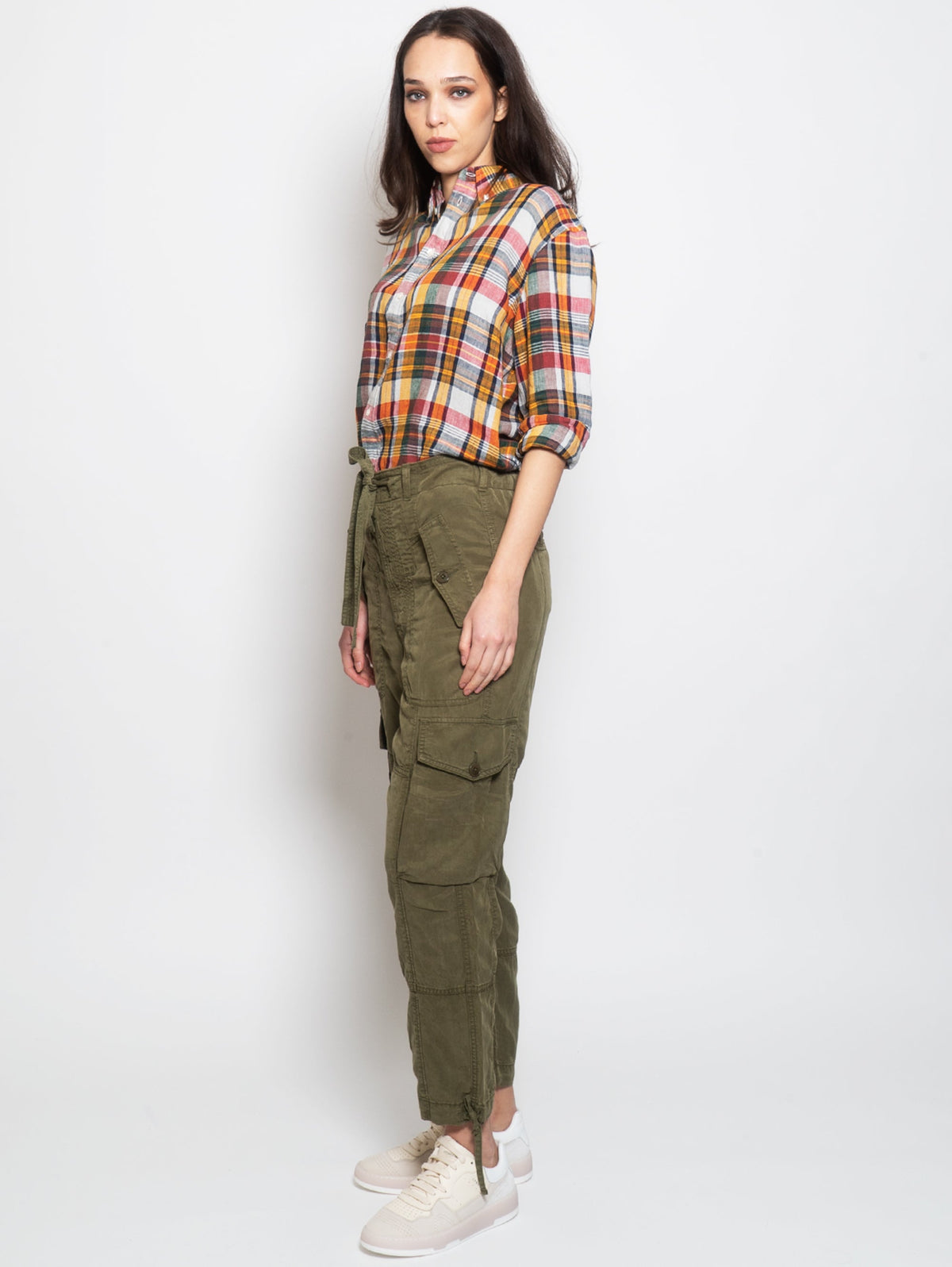 2026 New Arrival Pantaloni Cargo con Cinta in Misto Lino Verde Oliva