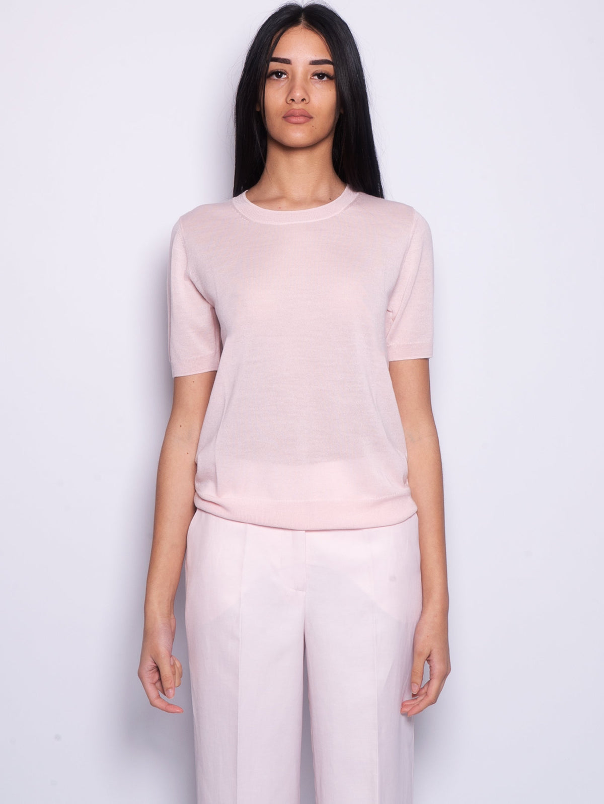 2026 New Arrival Maglia in Misto Lana con Maniche Corte Fior di Pesco