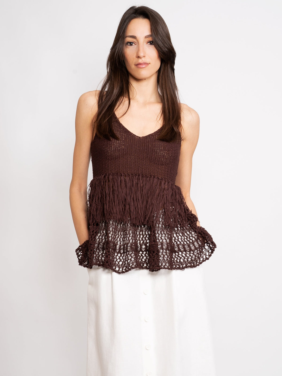 2026 New Arrival Top Intrecciato con Frange Marrone
