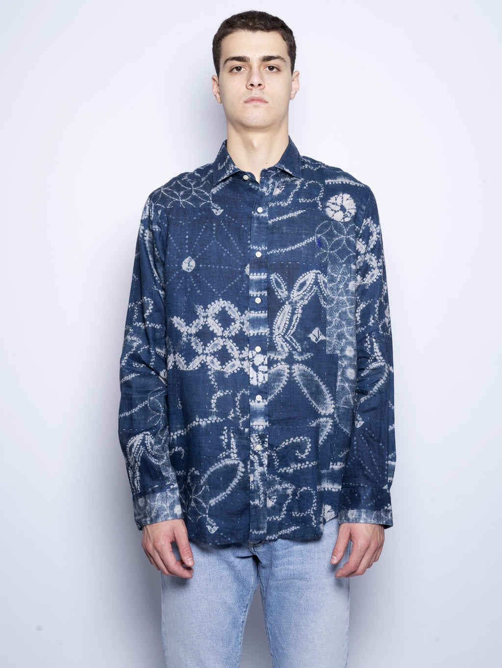 2026 New Arrival Camicia in Lino Indigo e Stampa Etnica Blu