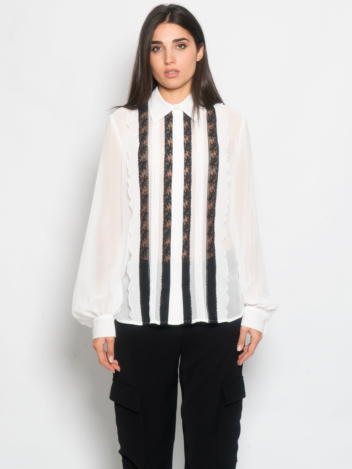 2026 New Arrival Camicia Velata con Dettagli in Pizzo Bianco