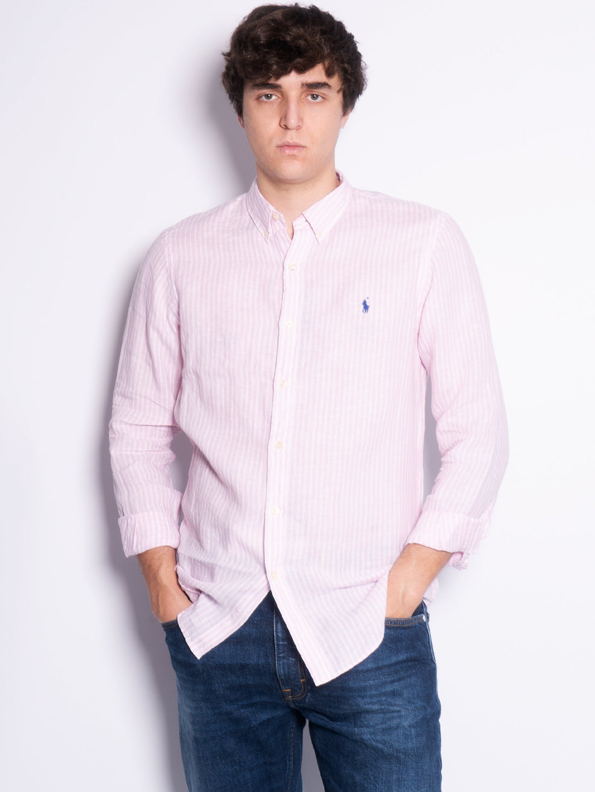 2026 New Arrival Camicia in Lino a Righe Slim Fit Rosa/Bianco