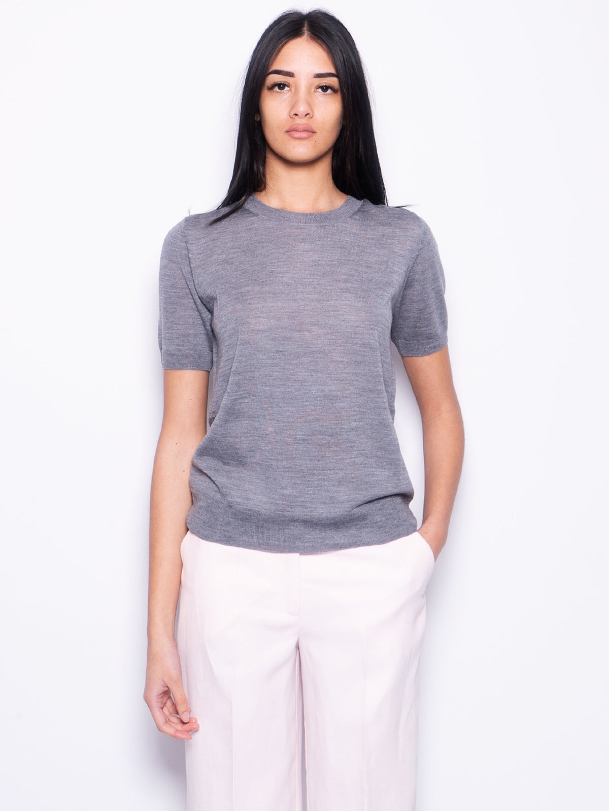 2026 New Arrival Maglia in Misto Lana con Maniche Corte Grigio Mélange Chiaro