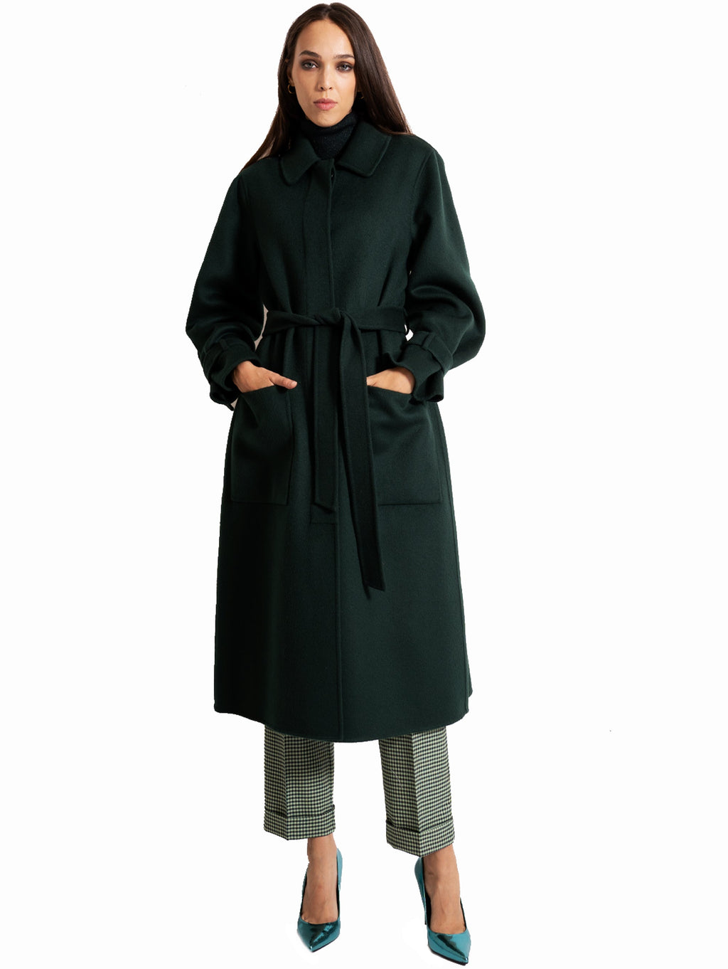 2026 New Arrival Cappotto Lungo in Doppio di Lana Verde Bottiglia