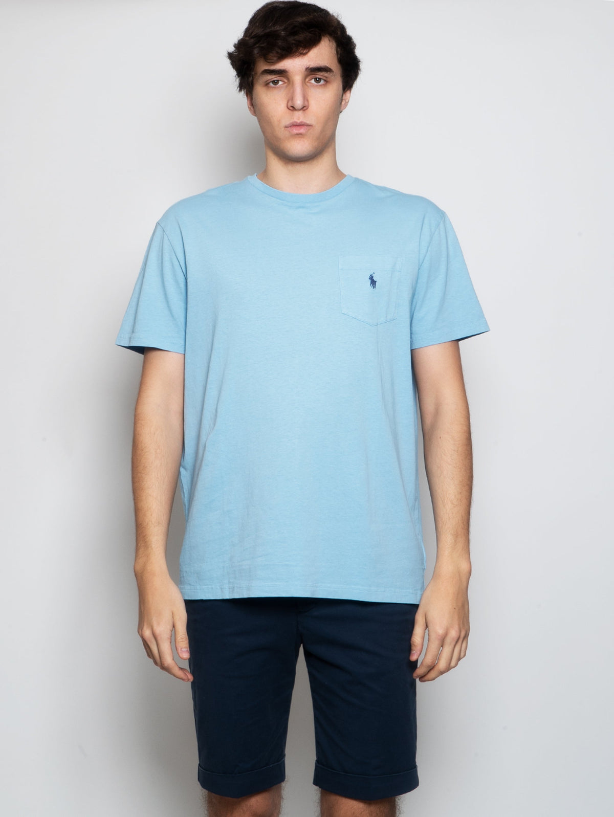 2026 New Arrival T-shirt in Cotone e Lino con Taschino Blu Polvere