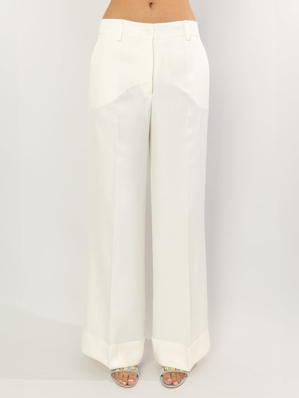 2026 New Arrival Pantaloni Palazzo in Lino con Risvolto Panna