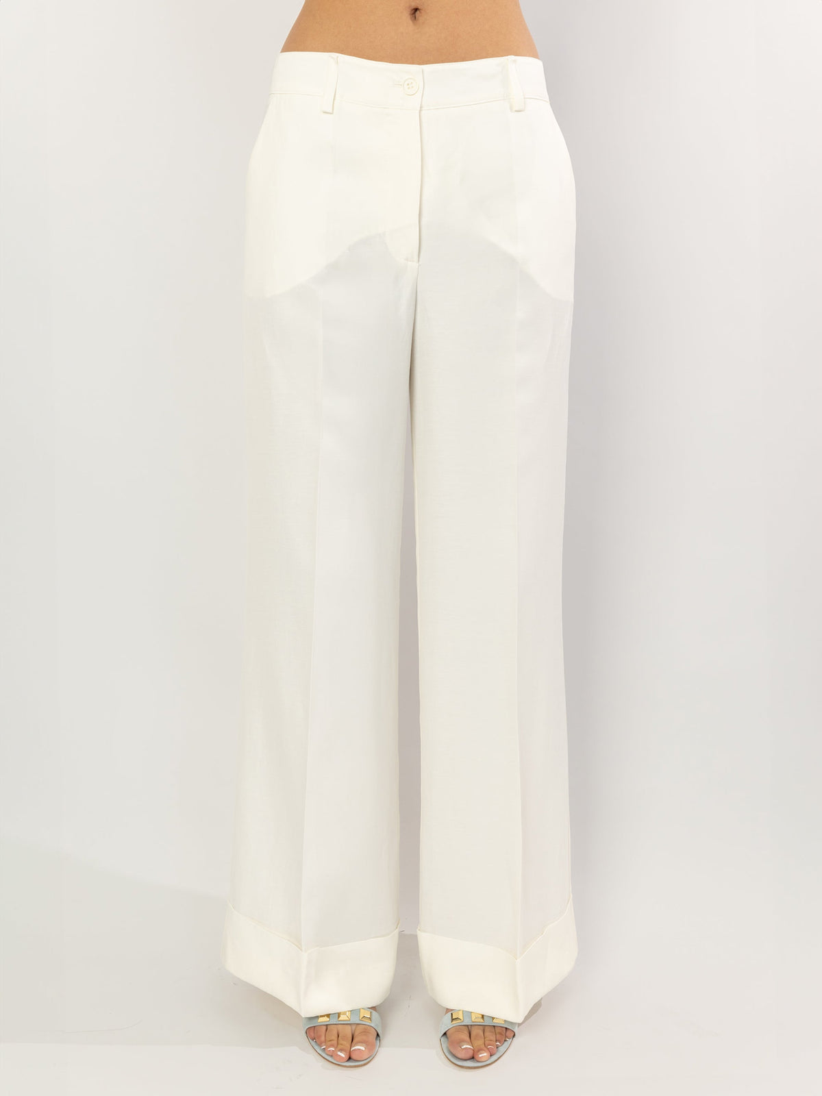 2026 New Arrival Pantaloni Palazzo in Lino con Risvolto Panna