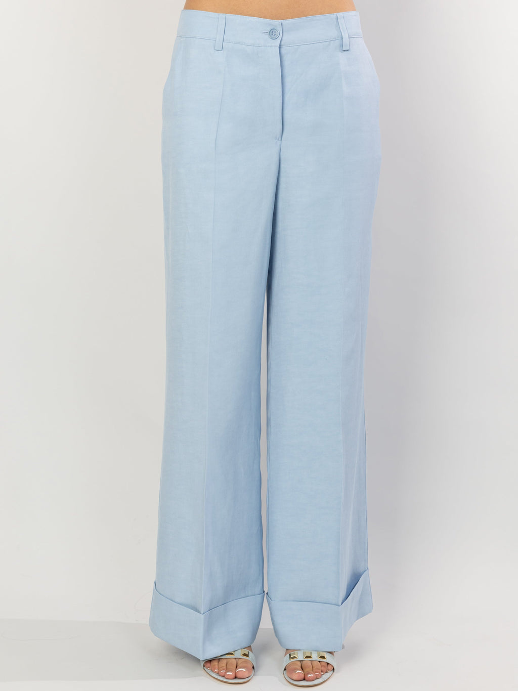 2026 New Arrival Pantaloni Palazzo in Lino con Risvolto Azzurro Polvere