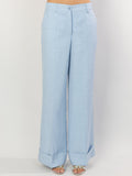 2026 New Arrival Pantaloni Palazzo in Lino con Risvolto Azzurro Polvere