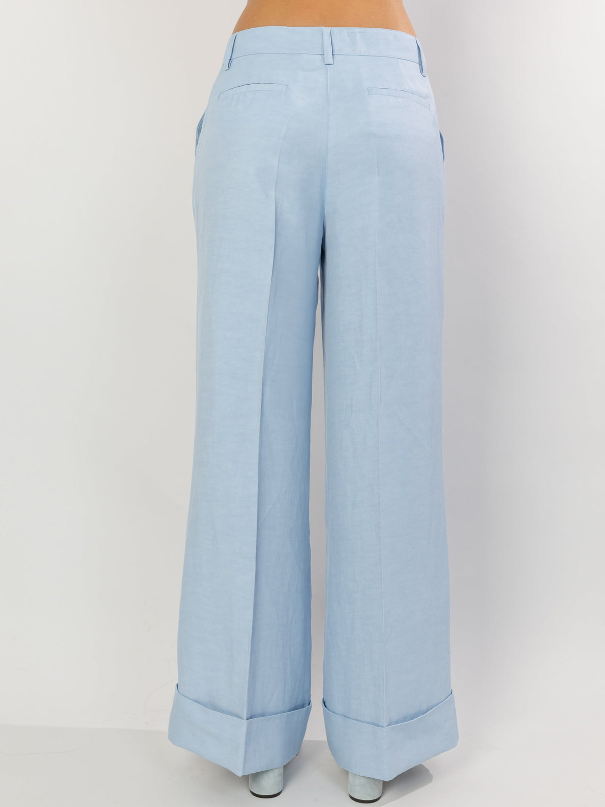 2026 New Arrival Pantaloni Palazzo in Lino con Risvolto Azzurro Polvere