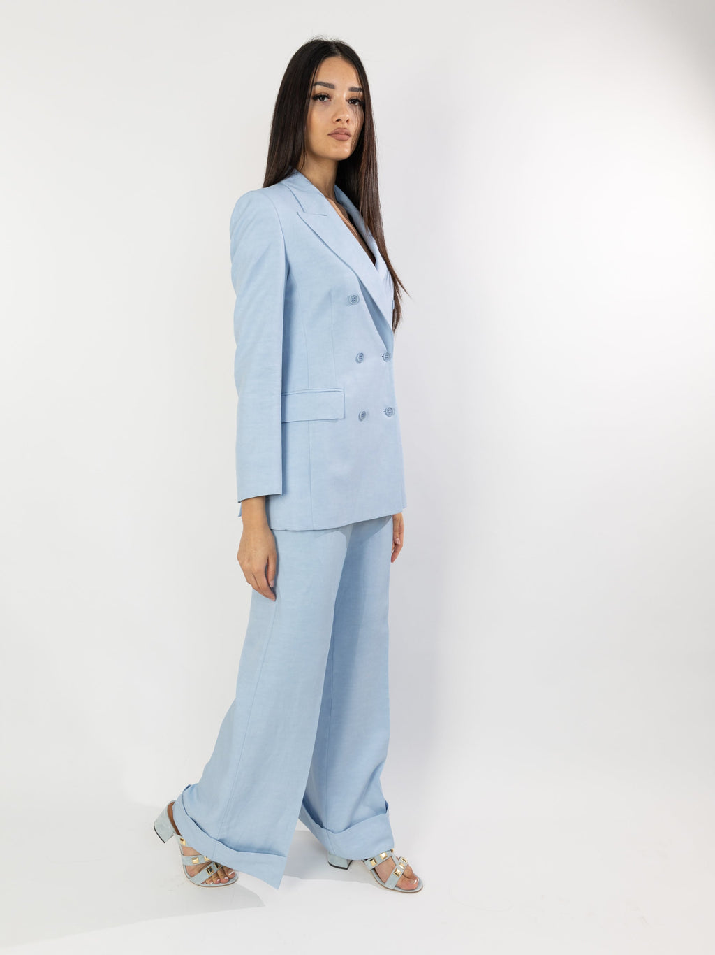 2026 New Arrival Pantaloni Palazzo in Lino con Risvolto Azzurro Polvere