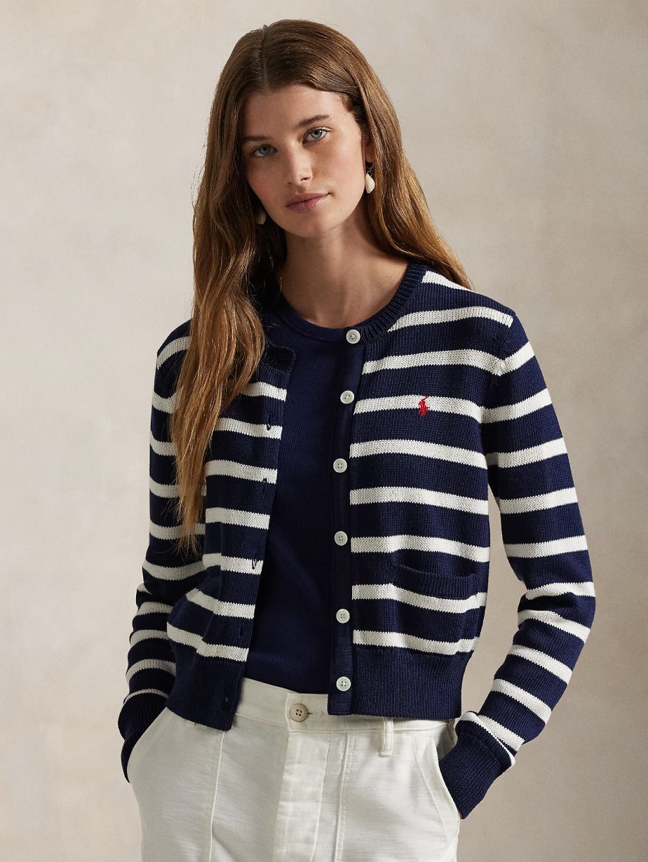 2026 New Arrival Cardigan Girocollo a Righe Blu/Bianco