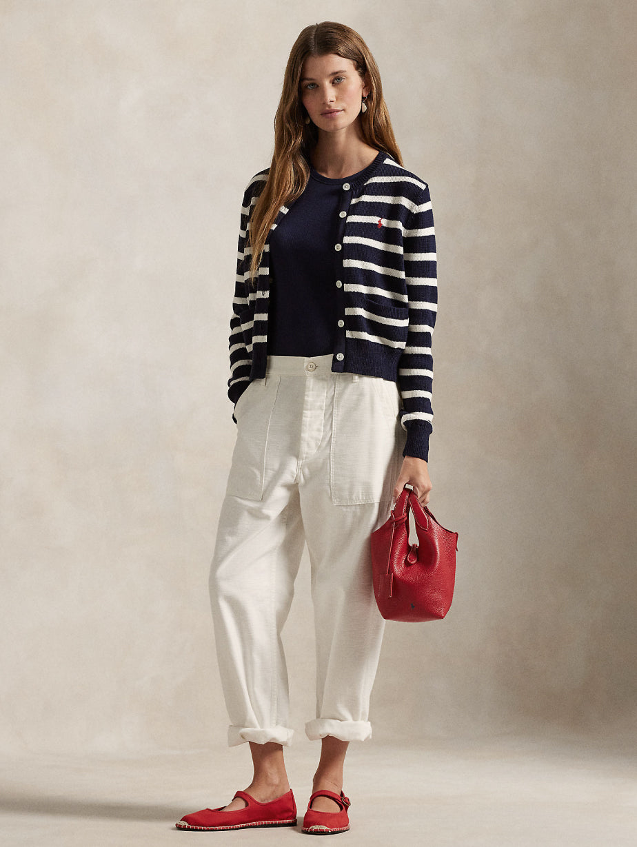 2026 New Arrival Cardigan Girocollo a Righe Blu/Bianco