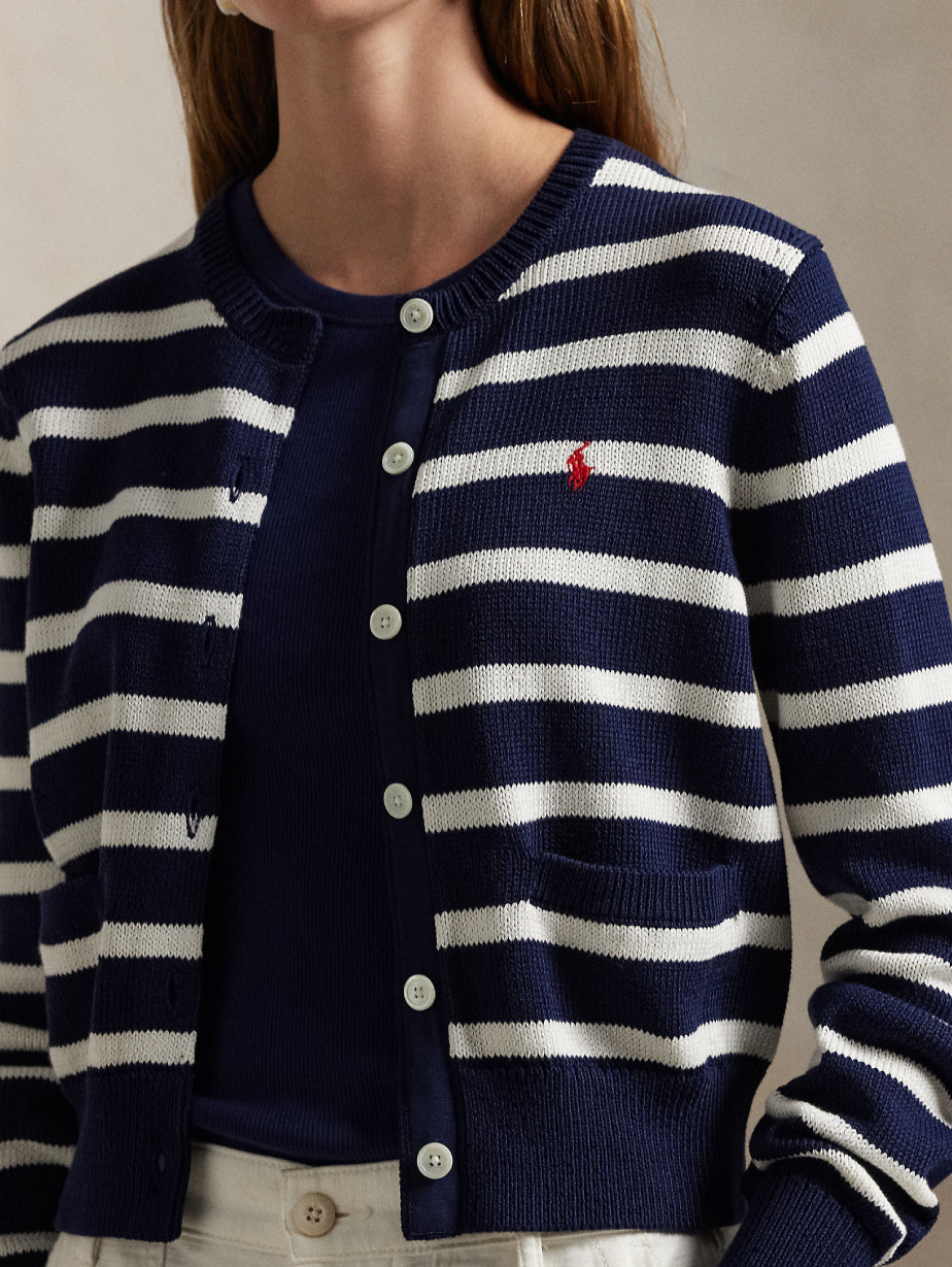 2026 New Arrival Cardigan Girocollo a Righe Blu/Bianco