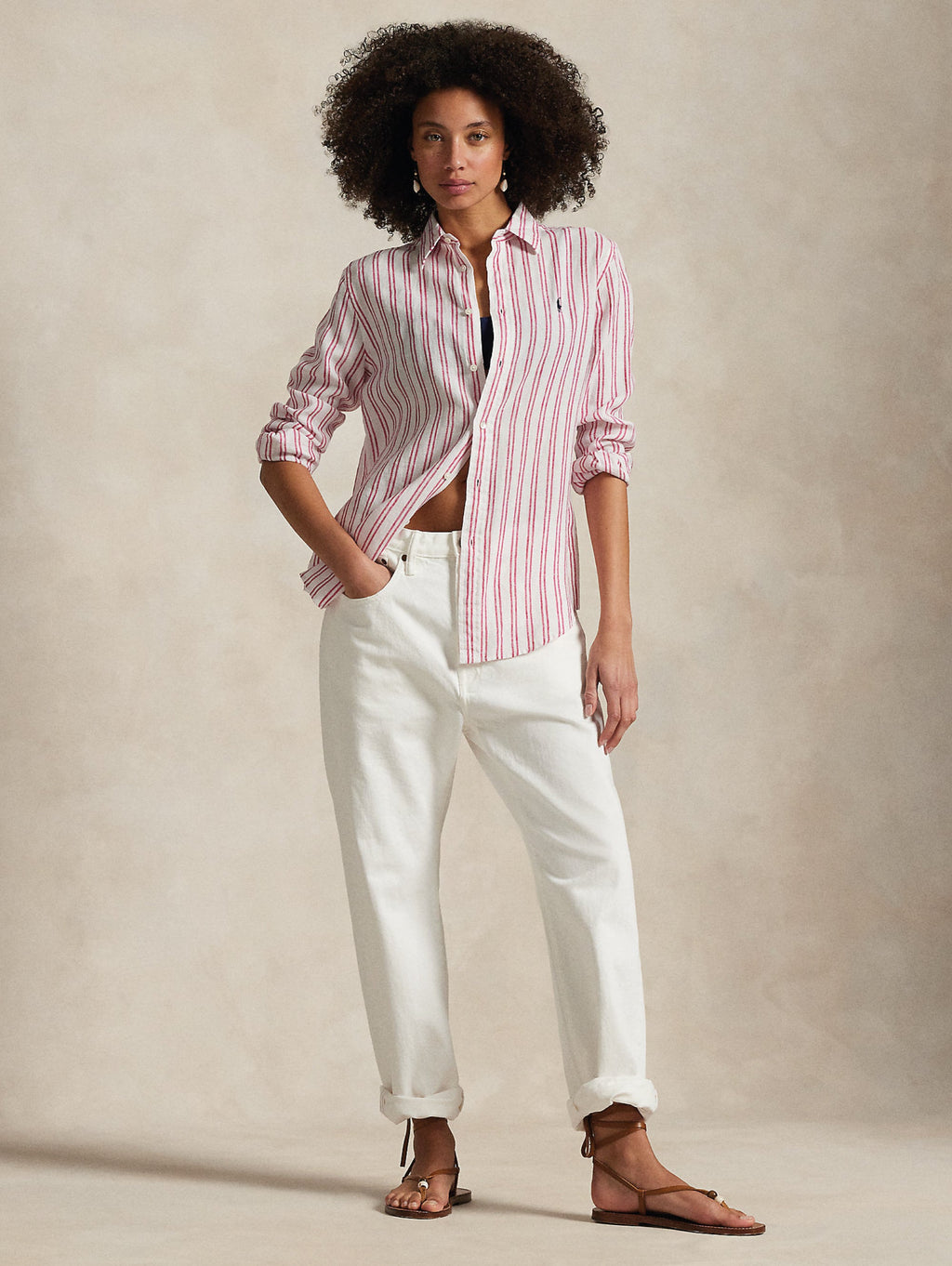 2026 New Arrival Camicia Classic Fit in Lino a Righe Bianco/Rosso