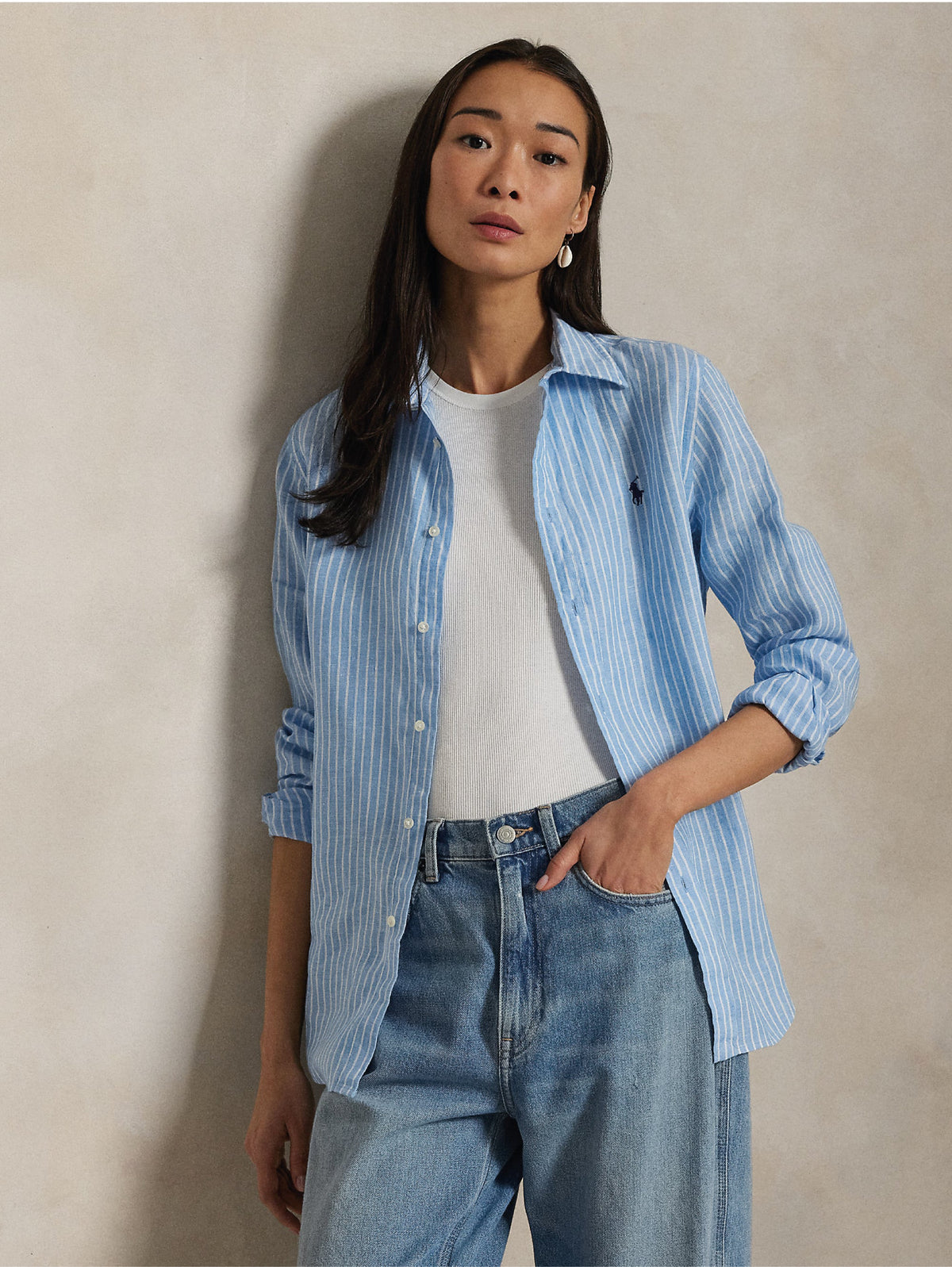 2026 New Arrival Camicia Classic Fit in Lino a Righe Azzurro/Bianco