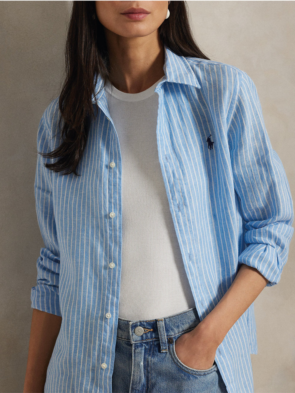 2026 New Arrival Camicia Classic Fit in Lino a Righe Azzurro/Bianco