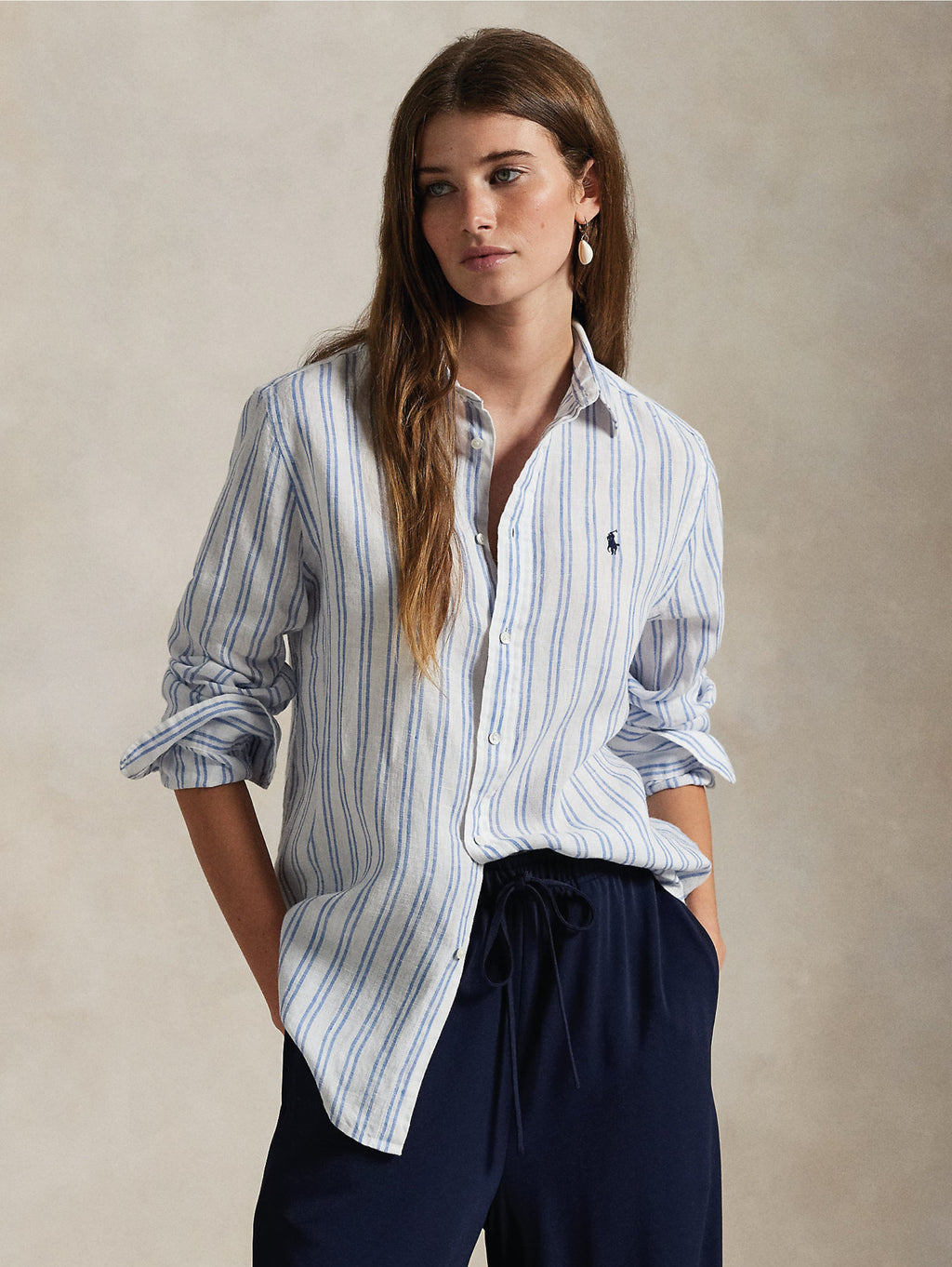 2026 New Arrival Camicia Classic Fit in Lino a Righe Bianco/Blu