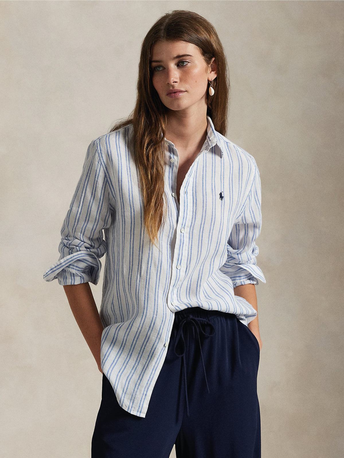 2026 New Arrival Camicia Classic Fit in Lino a Righe Bianco/Blu