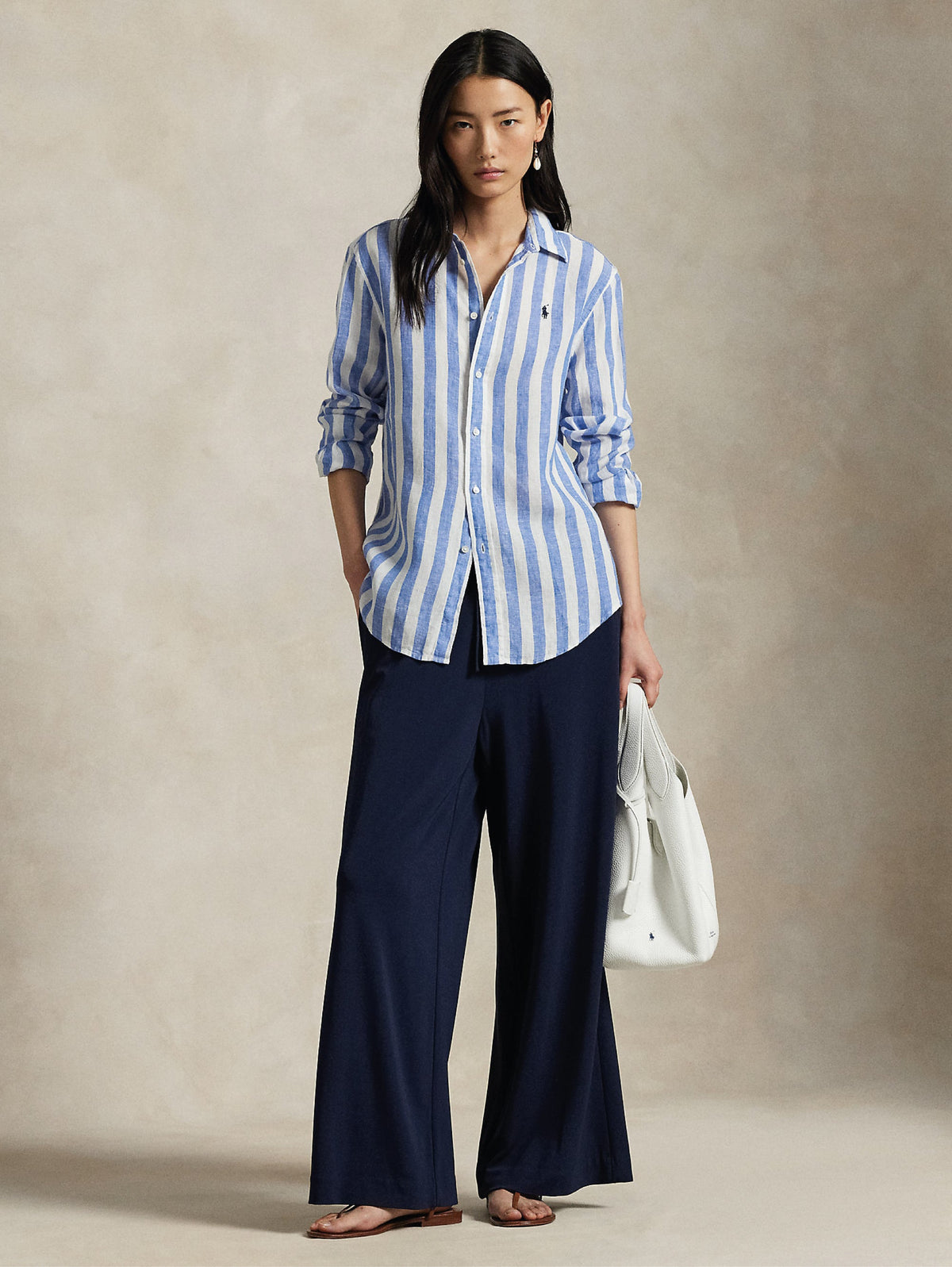 2026 New Arrival Camicia Classic Fit in Lino a Righe Blu/Bianco