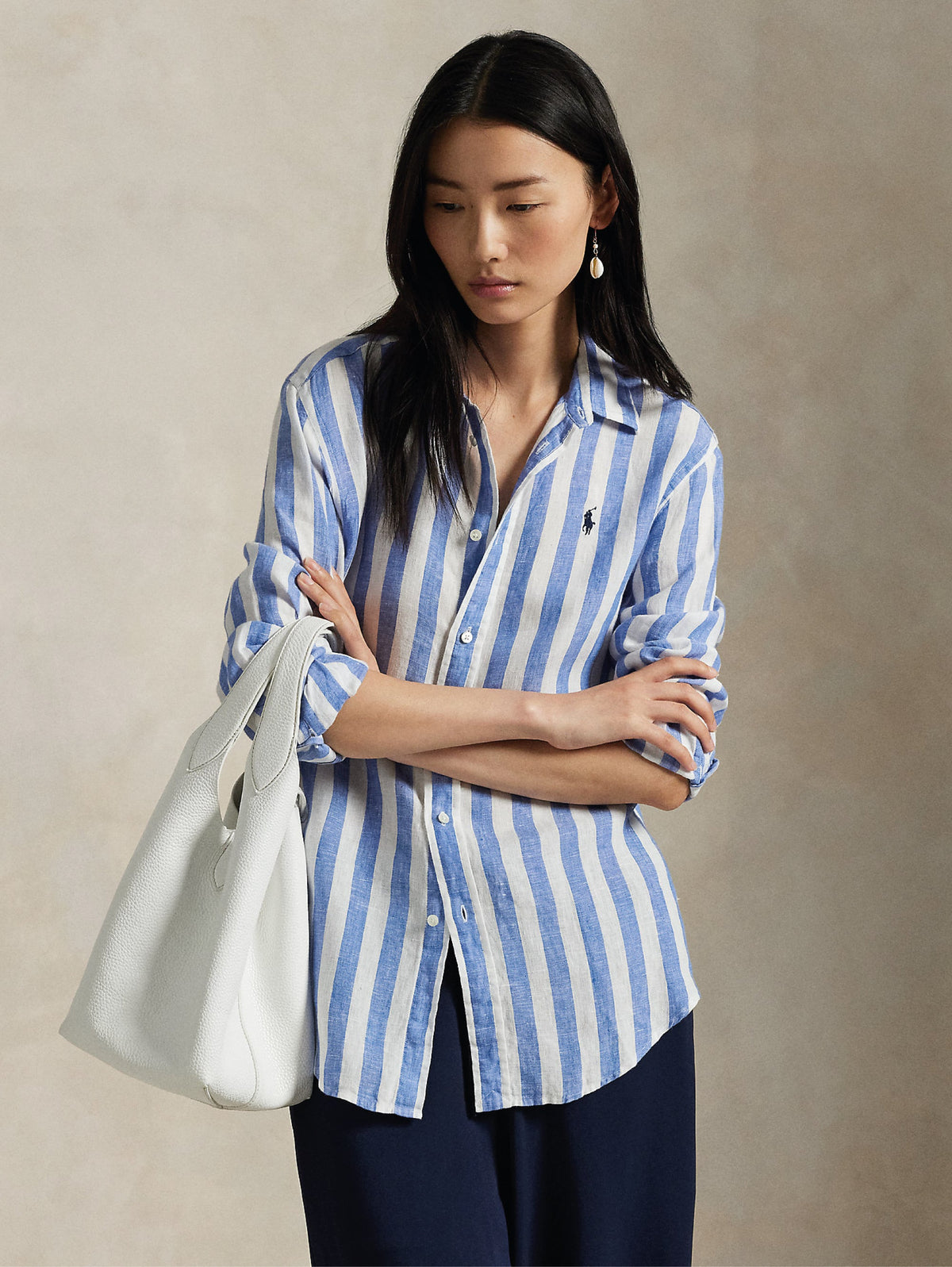 2026 New Arrival Camicia Classic Fit in Lino a Righe Blu/Bianco