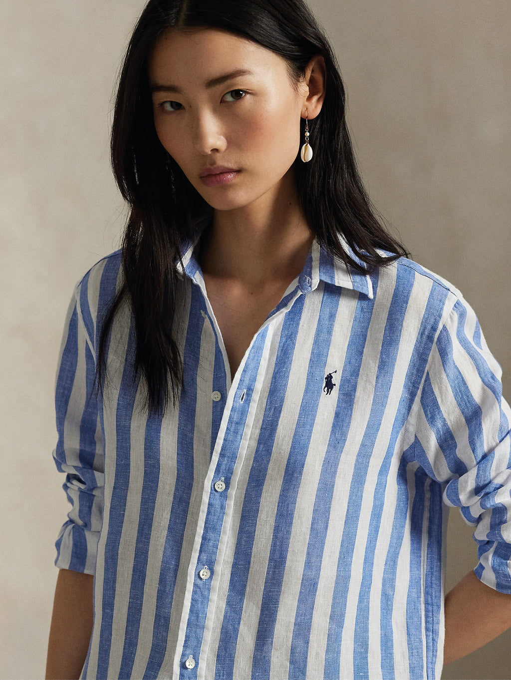 2026 New Arrival Camicia Classic Fit in Lino a Righe Blu/Bianco