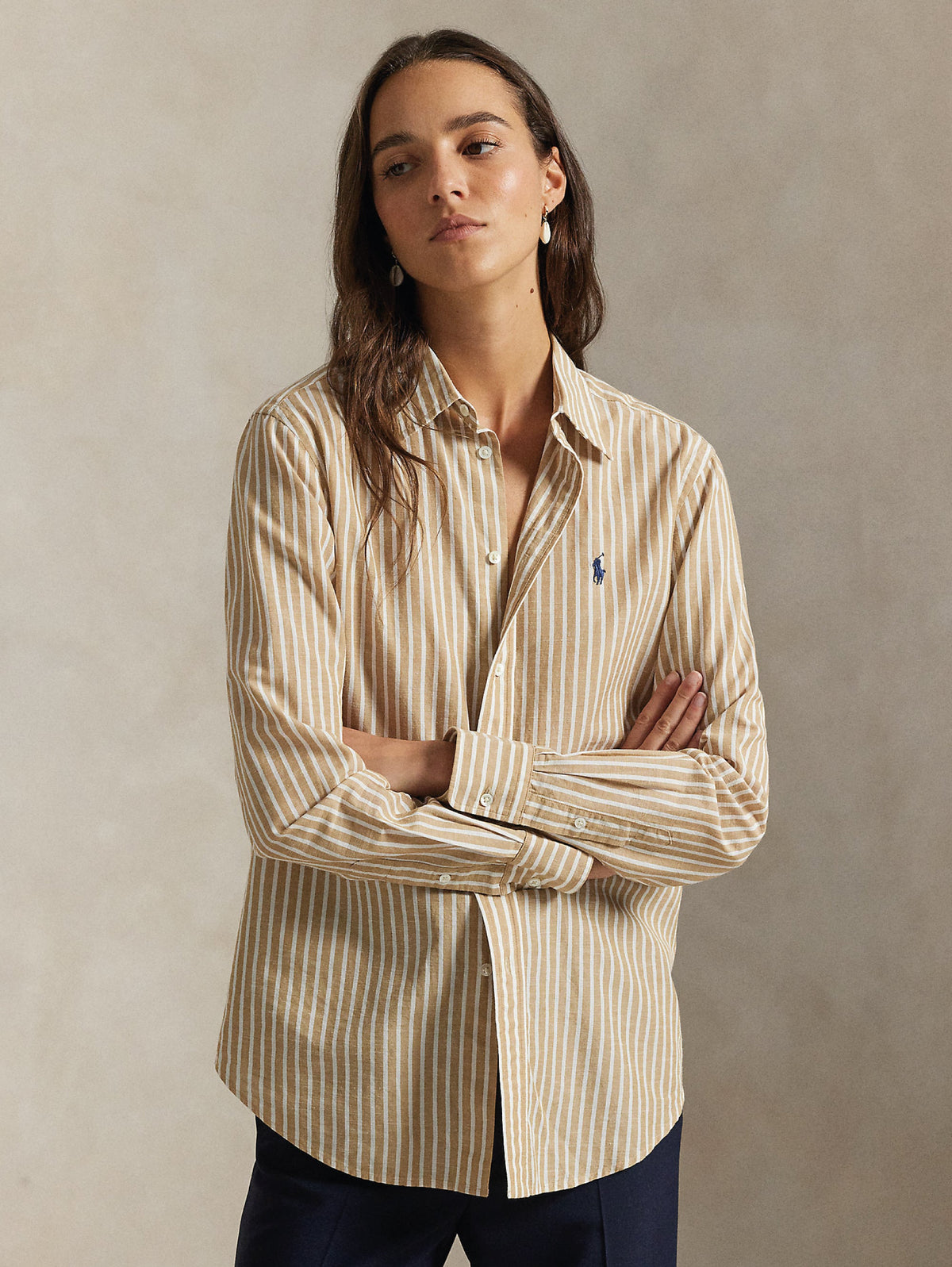 2026 New Arrival Camicia a Righe Classic Fit Cammello/Bianco