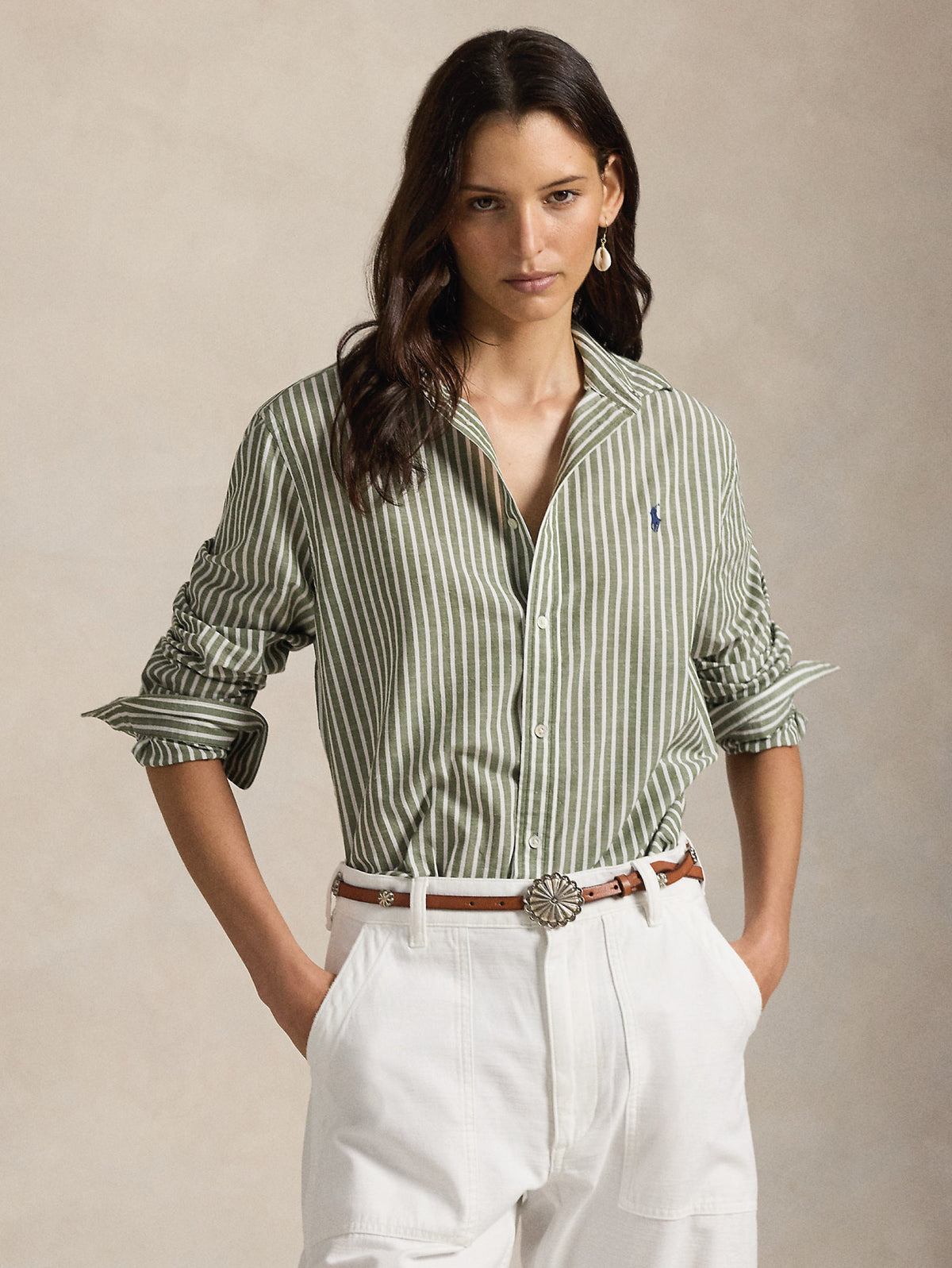 2026 New Arrival Camicia a Righe Classic Fit Verde/Bianco