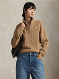 2026 New Arrival Maglia a Trecce in Lana con Mezza Zip Cammello