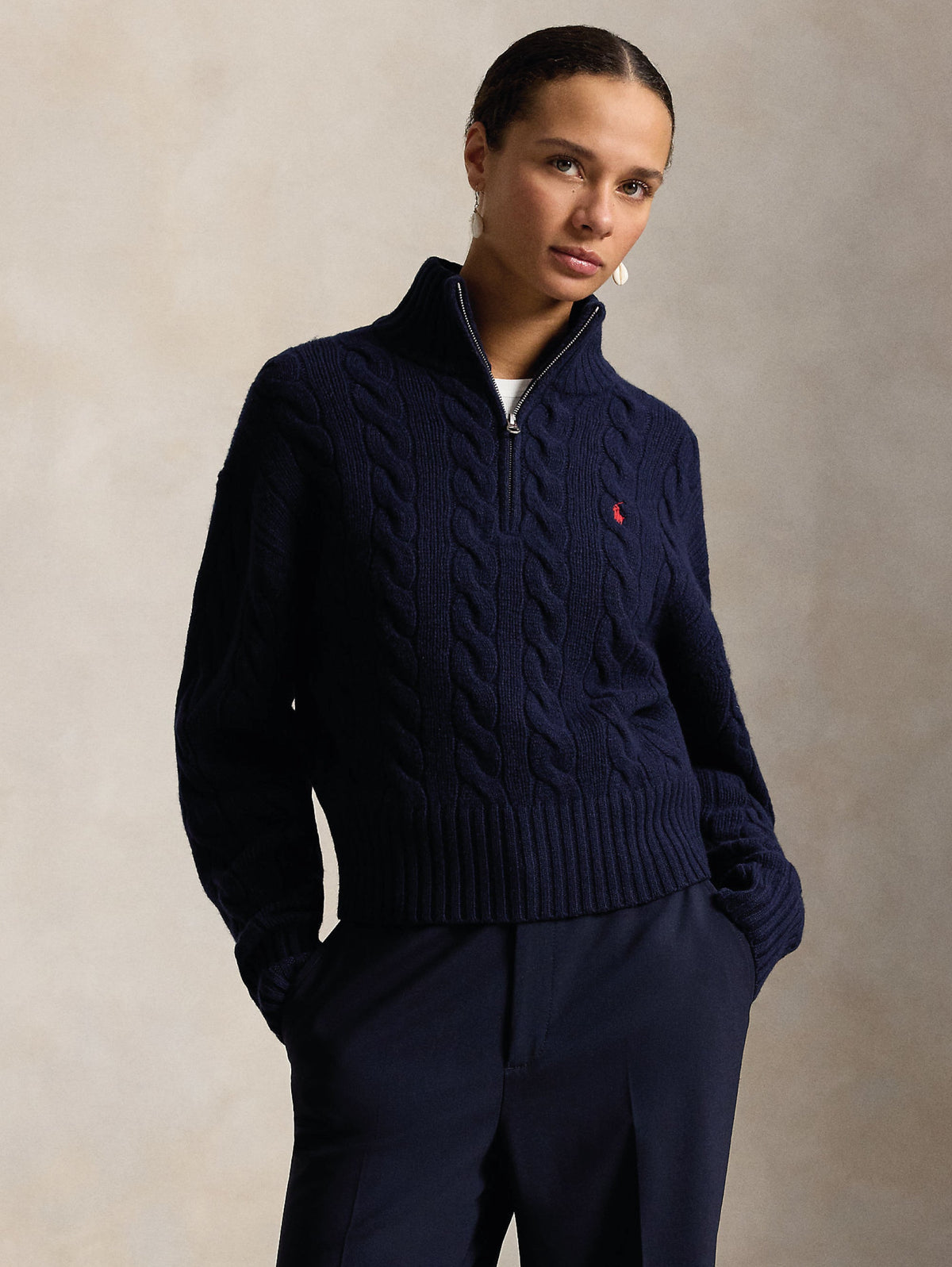 2026 New Arrival Maglia a Trecce in Lana con Mezza Zip Blu