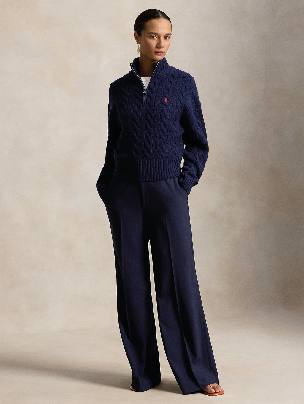 2026 New Arrival Maglia a Trecce in Lana con Mezza Zip Blu