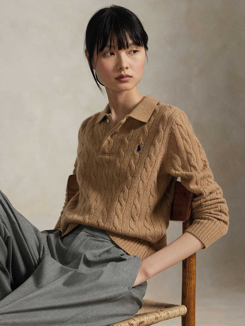 2026 New Arrival Maglia Polo a Trecce in Lana e Cashmere Cammello