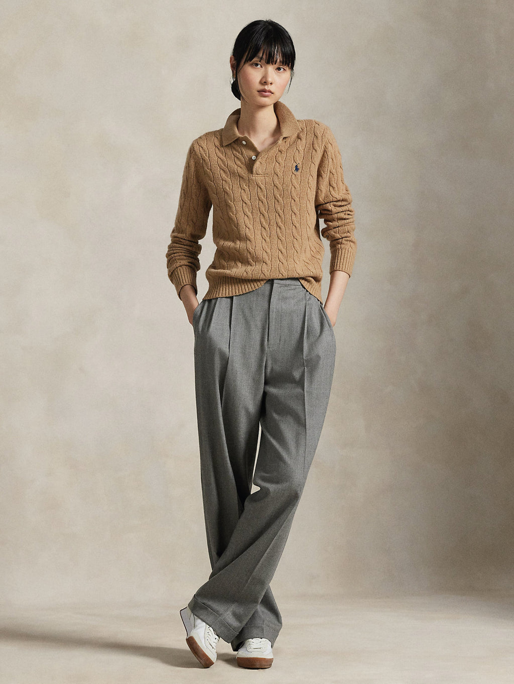 2026 New Arrival Maglia Polo a Trecce in Lana e Cashmere Cammello
