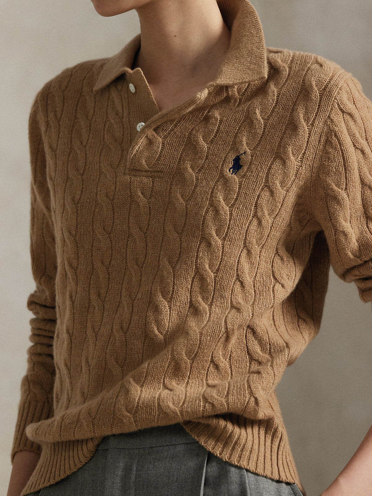 2026 New Arrival Maglia Polo a Trecce in Lana e Cashmere Cammello