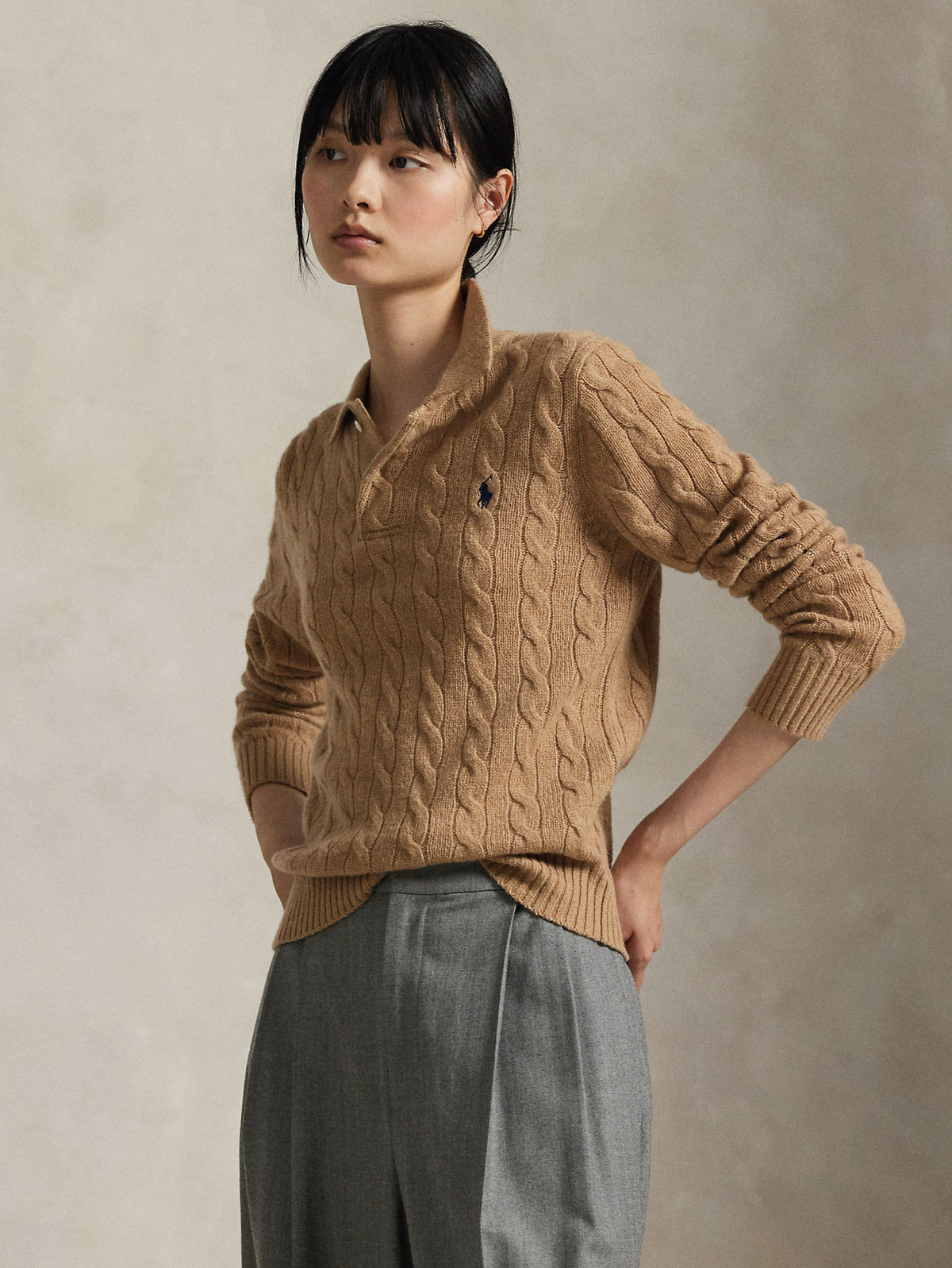 2026 New Arrival Maglia Polo a Trecce in Lana e Cashmere Cammello