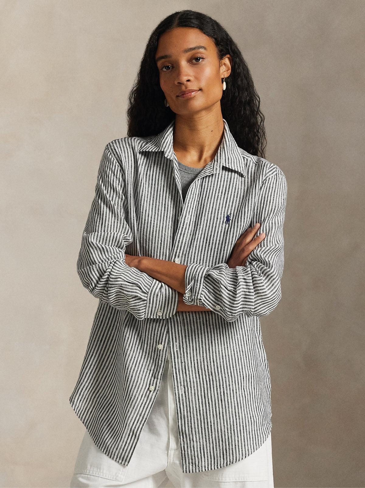 2026 New Arrival Camicia a Righe in Lino Classic Fit Nero/Bianco