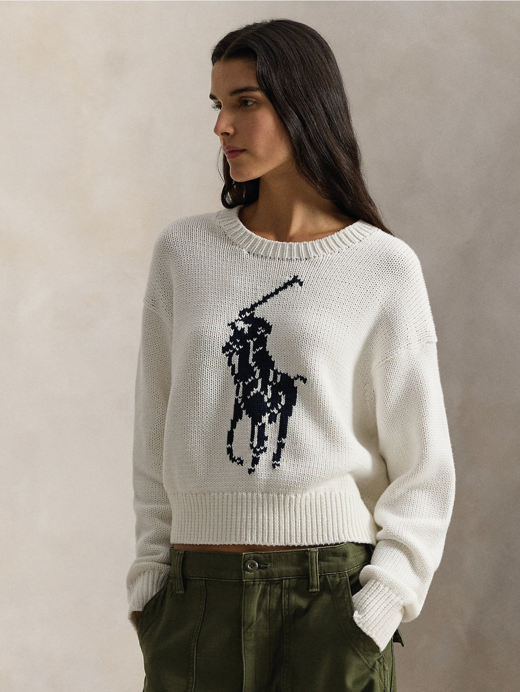 2026 New Arrival Maglia Girocollo con Big Pony sul Davanti Bianco
