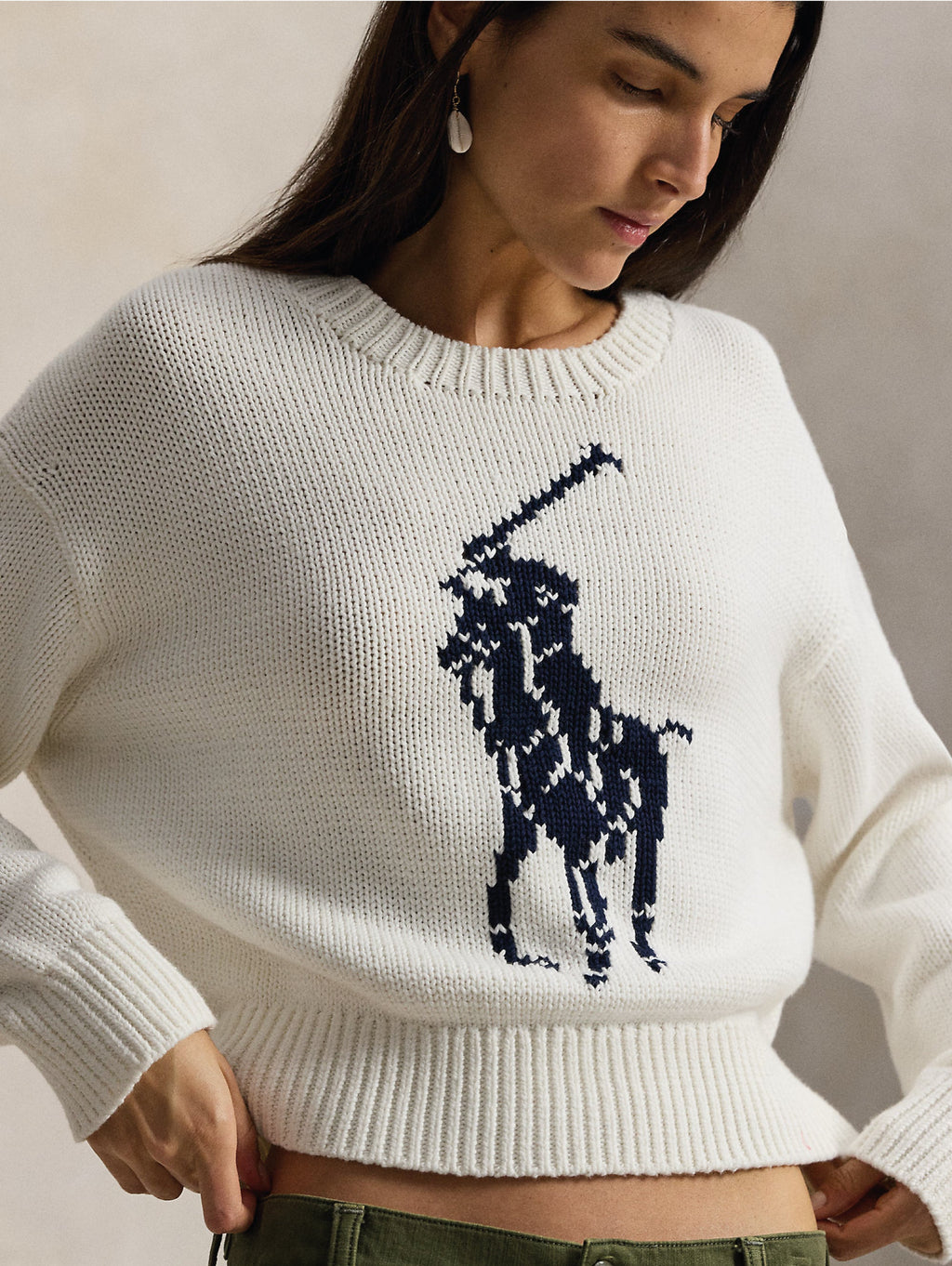 2026 New Arrival Maglia Girocollo con Big Pony sul Davanti Bianco