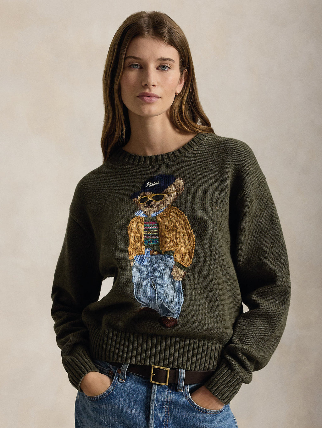 2026 New Arrival Maglione In Misto Lino e Cotone con Polo Bear Oliva