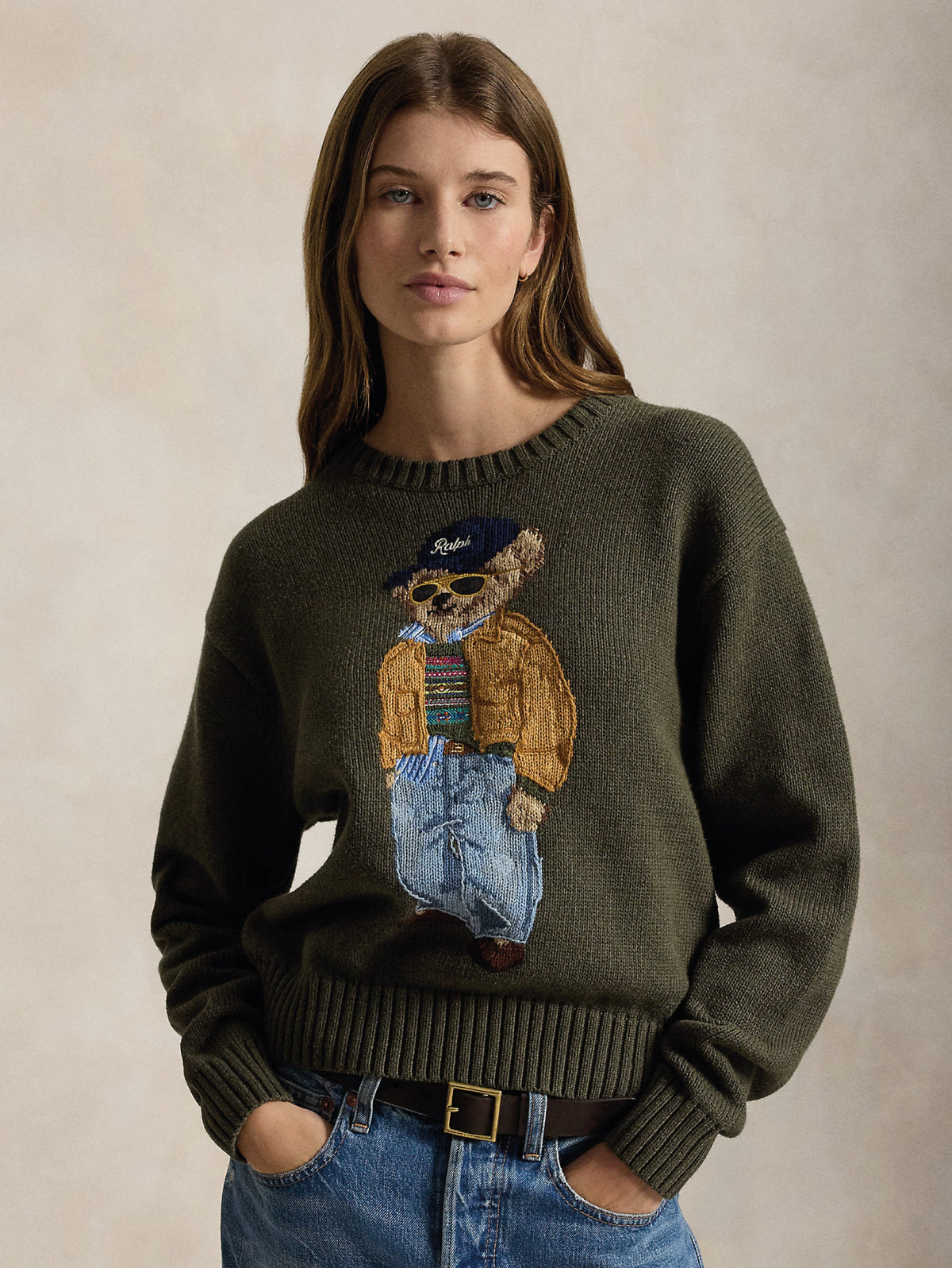 2026 New Arrival Maglione In Misto Lino e Cotone con Polo Bear Oliva
