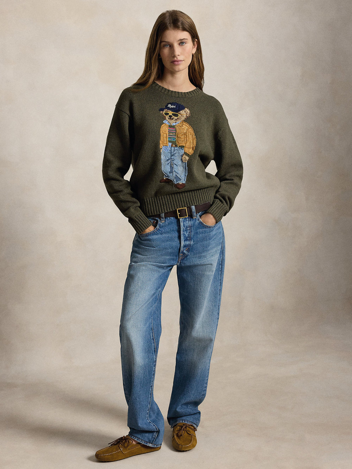 2026 New Arrival Maglione In Misto Lino e Cotone con Polo Bear Oliva